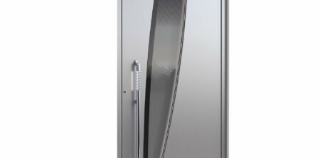 Pirnar-alu-eingangstuer-ultimum-multilevel-529-esg-glas-dark-grey-mit-schwarzem-motiv